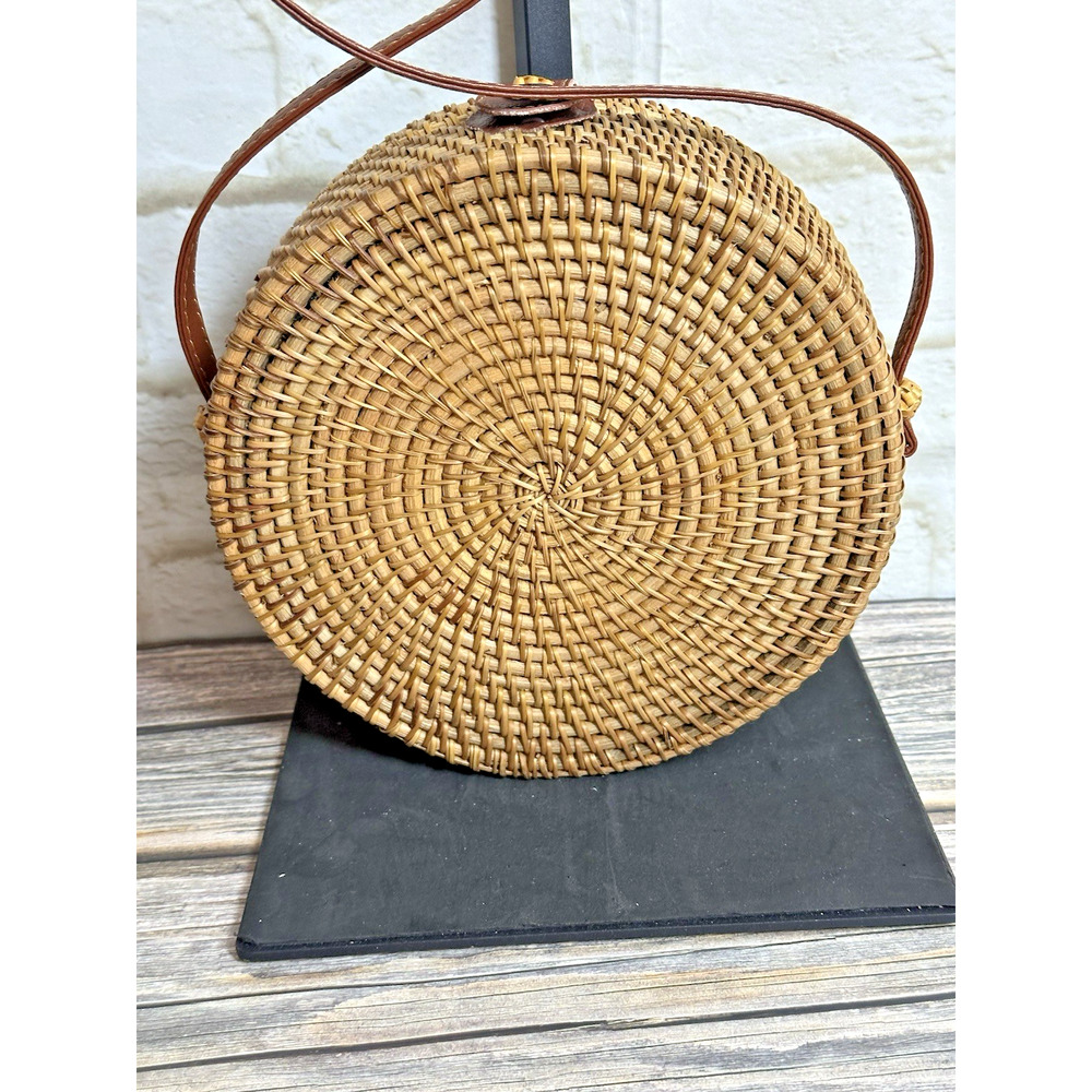 Vintage Wicker Rattan Circle Canteen‎ Style Boho Crossbody Bag Purse - Picture 4 of 16
